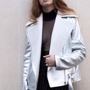 Silver Leather Bomber Jacket MEDIUM